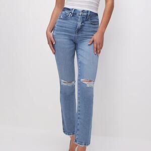Good American Good Curve Straight Distressed Ripped Knee Med-Blue Wash Jean 25